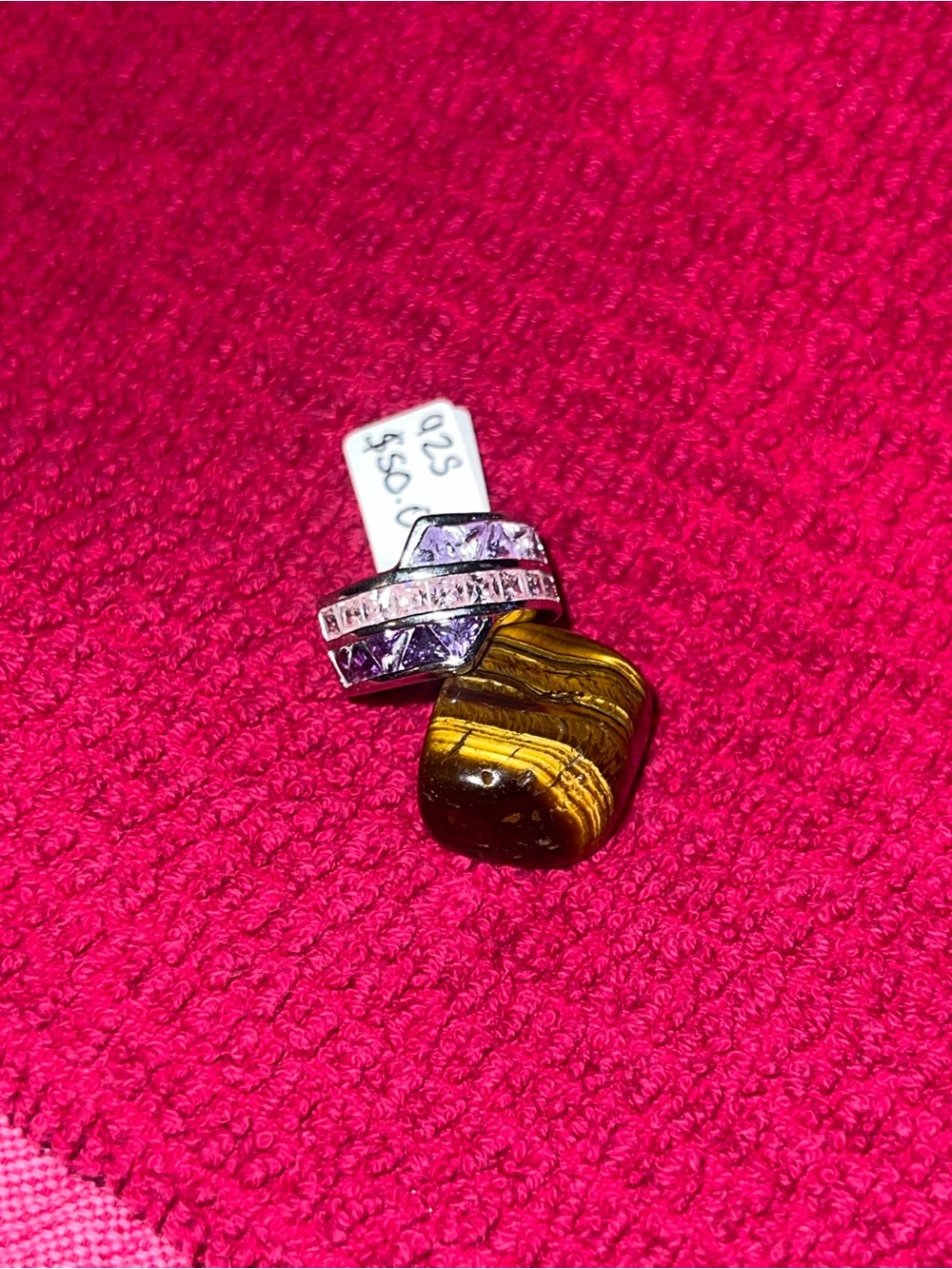 Sterling Silver Purple CZ Fashion Ring with Tiger Eye Accent